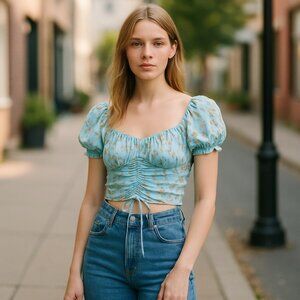 Crave Fame Y2K Crop Top Womens Large Blue Floral Ruched Milkmaid SoftGirl Fairy